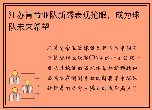 江苏肯帝亚队新秀表现抢眼，成为球队未来希望